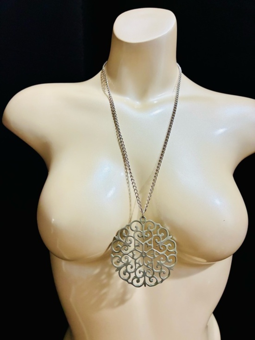 Reed & Barton Pewter Filigree Snowflake Medallion Pendant Long Necklace Casual